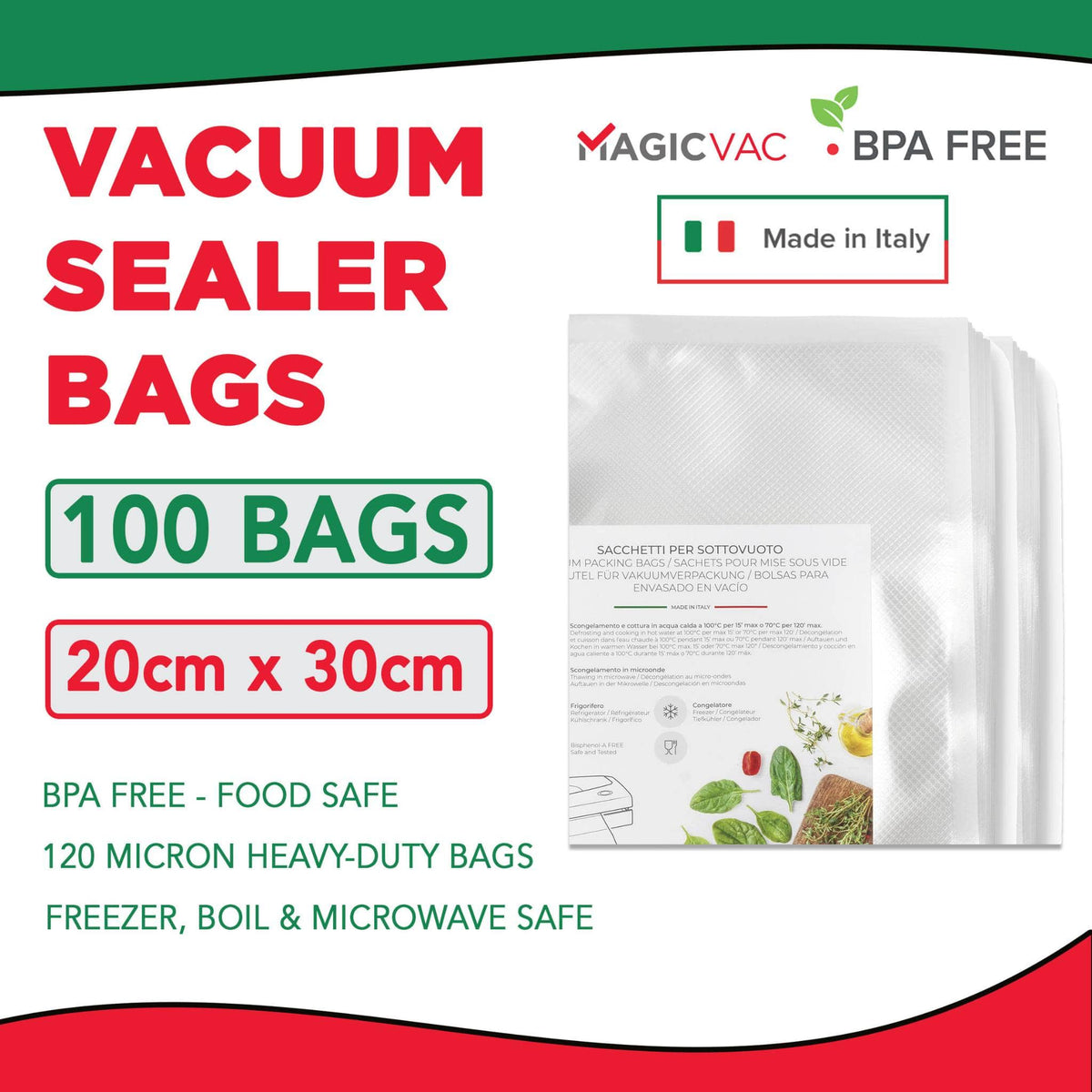 Magic Vac Vacuum Sealer Cryovac Machine Bags 20x30cm Made in Italy 100 Pack