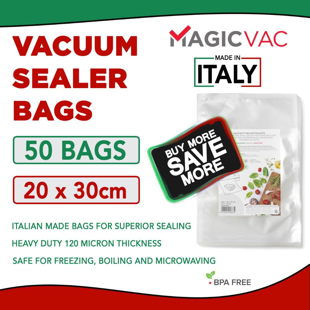 Magic Vac Vacuum Sealer Bags 20x30cm size 50 bags per pack. Made in Italy 120 Micron, Heavy Duty, BPA Free. Buy More and Save More. Sous Vide Chef Your Online Shop for Premium Quality Vacuum Sealer Bags and Rolls. 