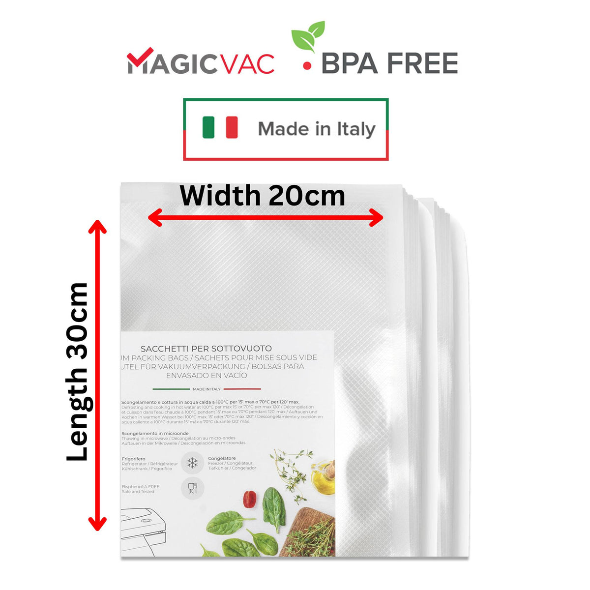 Magic Vac Vacuum Sealer Cryovac Machine Bags Showing the Size 20cm Wide x 30cm Length Made in Italy BPA FREE