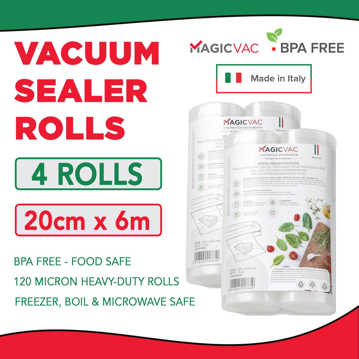 Magic Vac Vacuum Sealer Rolls Cryovac Machine Rolls BPA Free 4 Pack 20cm wide x 6 m in length Made in Italy 120 microns