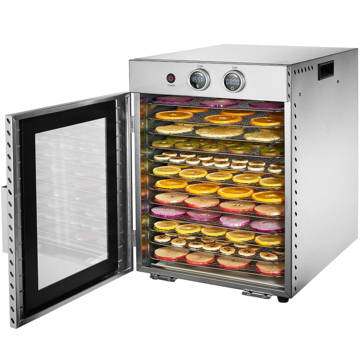 Pro-line Dh-C12 Food Dehydrator with 12 Stainless Steel Trays font on view with lid open showing dehydrated fruit and vegetables on 12 stainless steel trays 