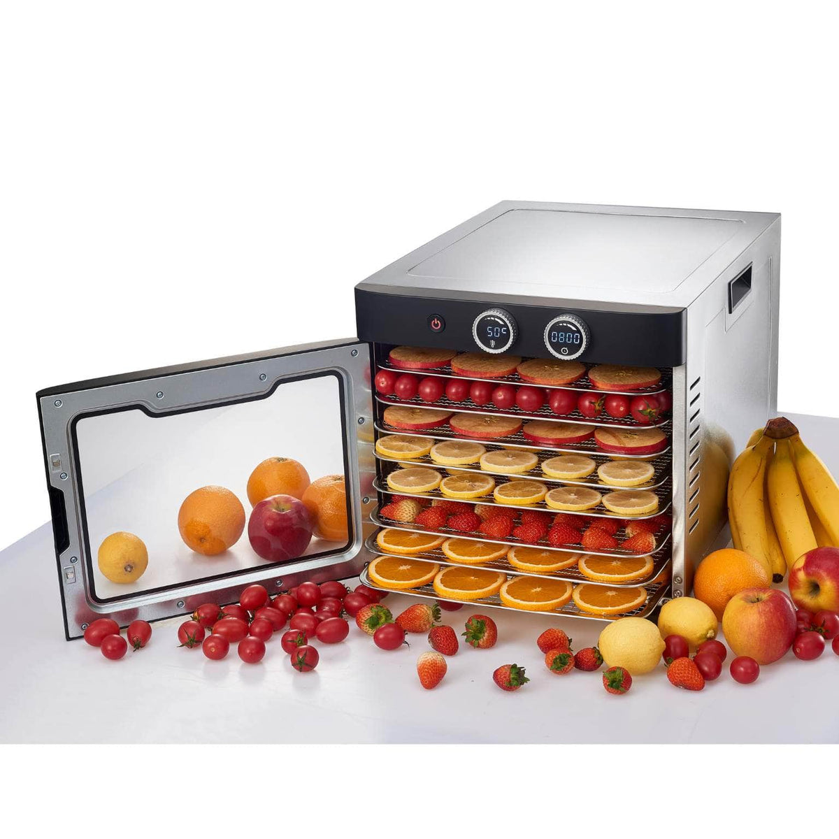 Pro-line Food Dehydrator DH-C8 with 8 Stainless Steel Trays Showing Fruit and Vegetables on Tray with Lid open surrounded by other fruits hero shot