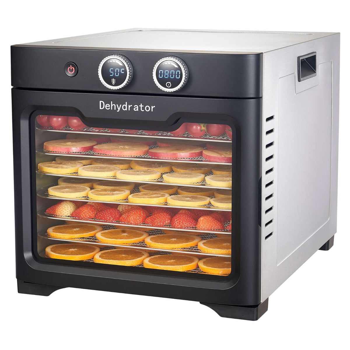 Pro-line Food Dehydrator with 8 Stainless Steel Trays Showing fruit being dehydrated through the see through glass lid