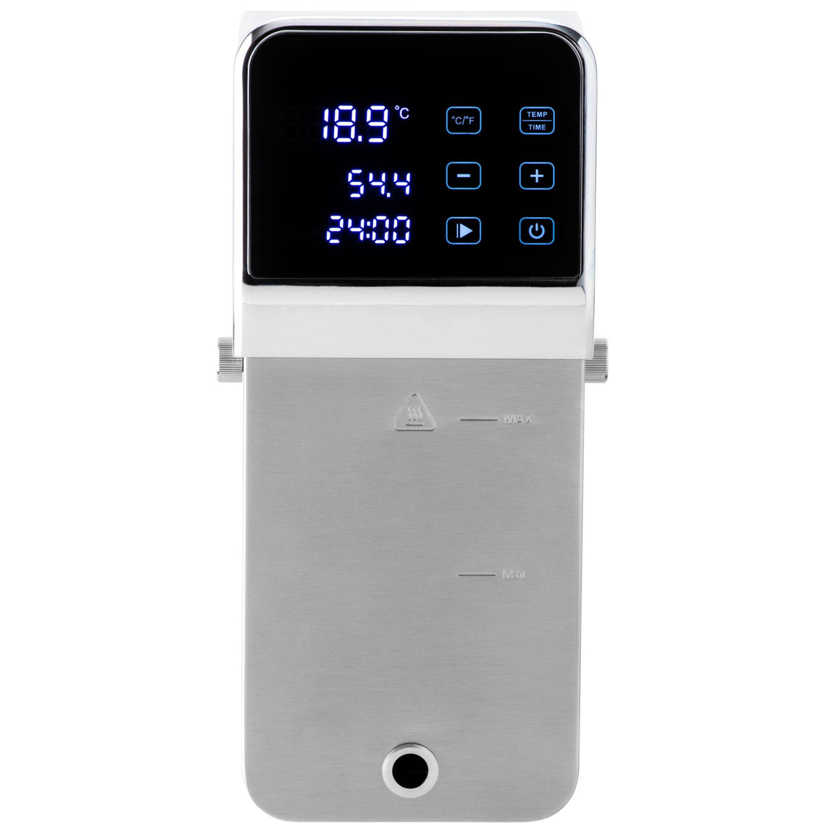 Pro-line SV-C2 Sous Vide Machine Sous Vide Immersion CIruclator Precision Cooker Showing Front View of contrlol panel showing current  temperature,  temperature its to reach and time remaining also showing font control buttons and casing with Min and Max water level