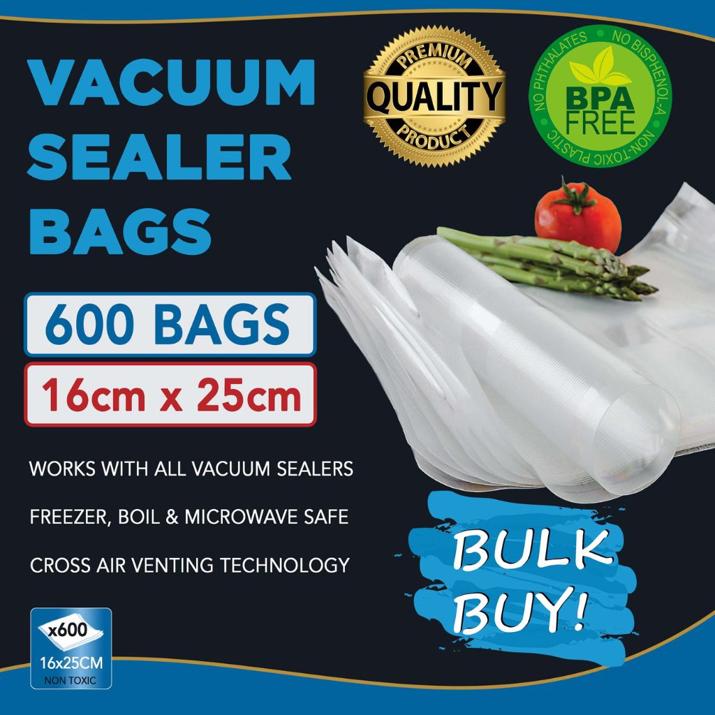 Vacuum Sealer Bags Cryovac Machine Bags 16cm wide x 25cm length Heavy Duty Thick 150m Microns 600 Bags Bulk Buy